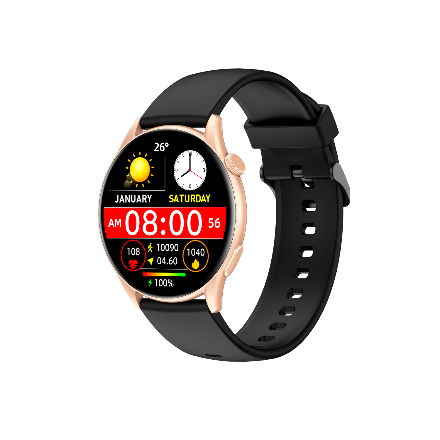 Montre Connectée AMOLED Rosegold Case with Black Rubber