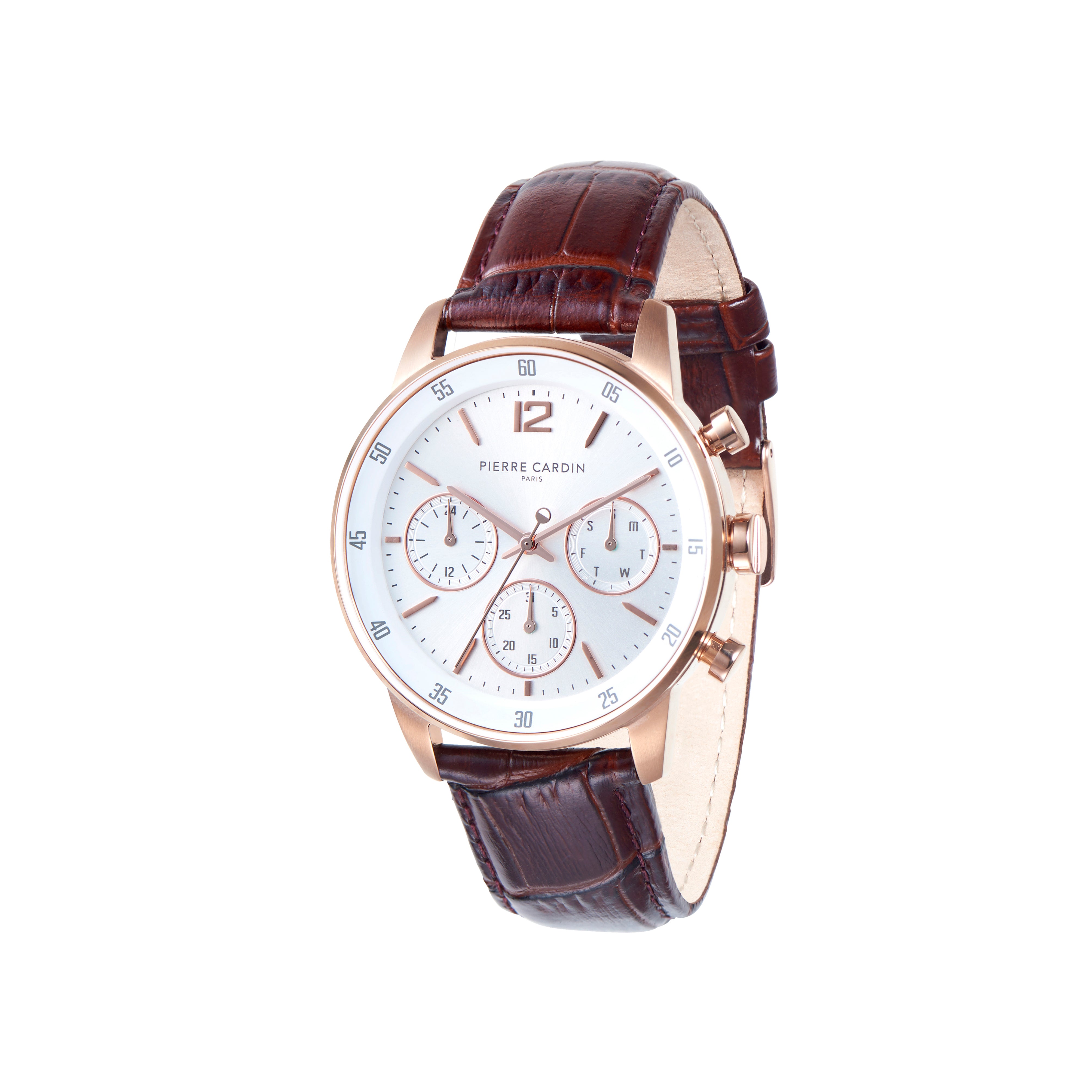 Rose gold watch with navy band