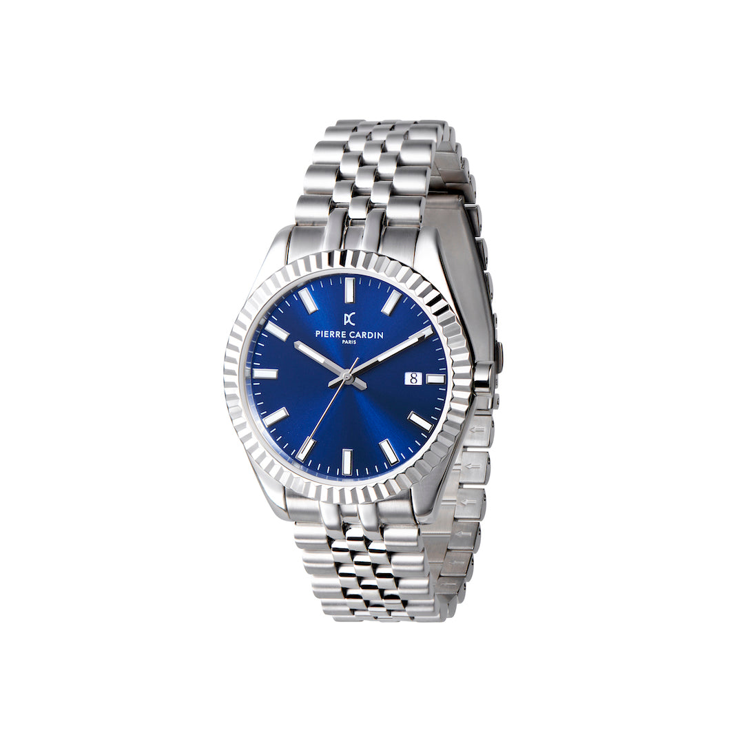 Opera Stainless Steel Date Watch with Fluted Bezel and Blue Dial – Pierre  Cardin Watches