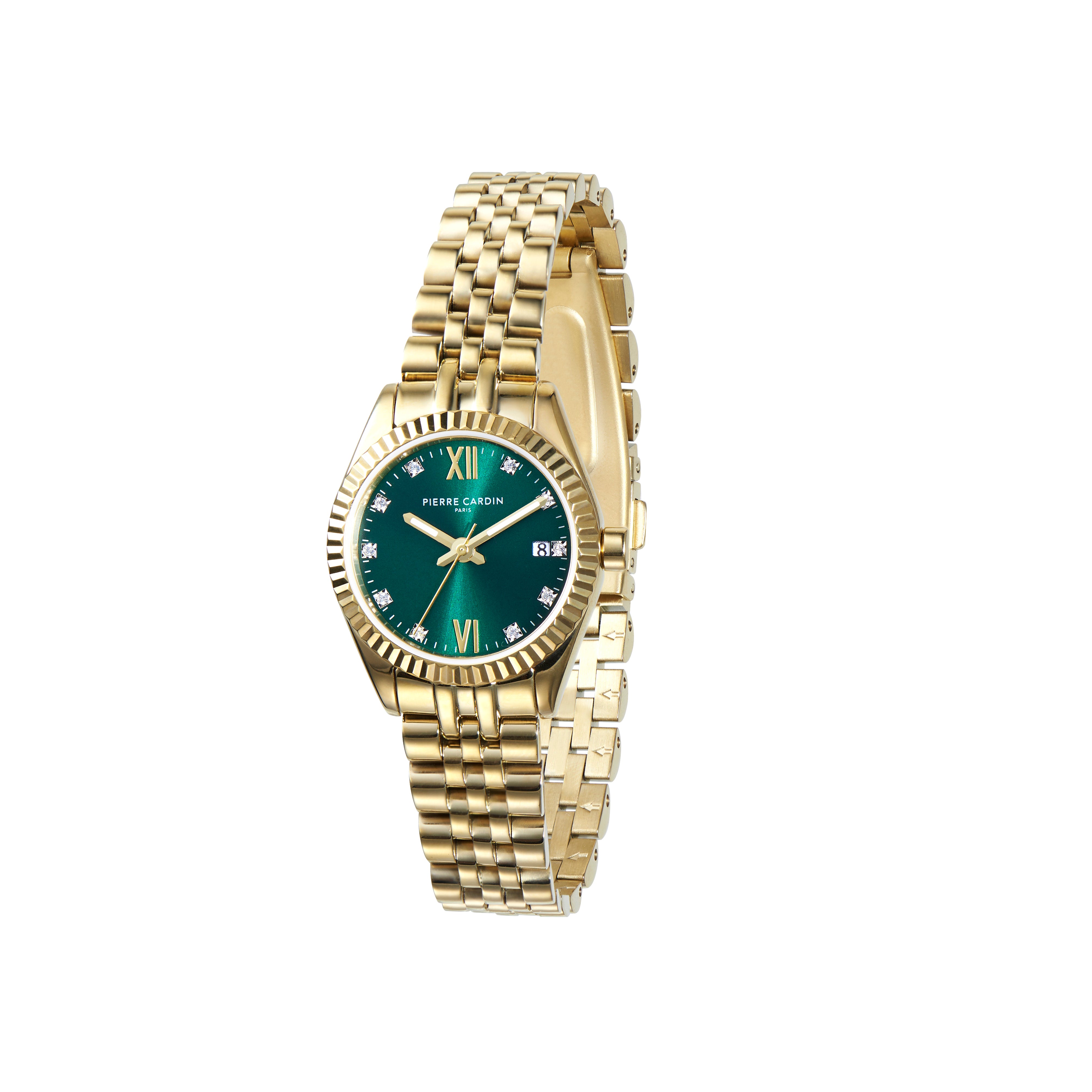 Opera Gold Date Watch with Fluted Bezel and Crystals on a Green Dial Opera Gold Date Watch with Fluted Bezel and Crystals on a Green Dial