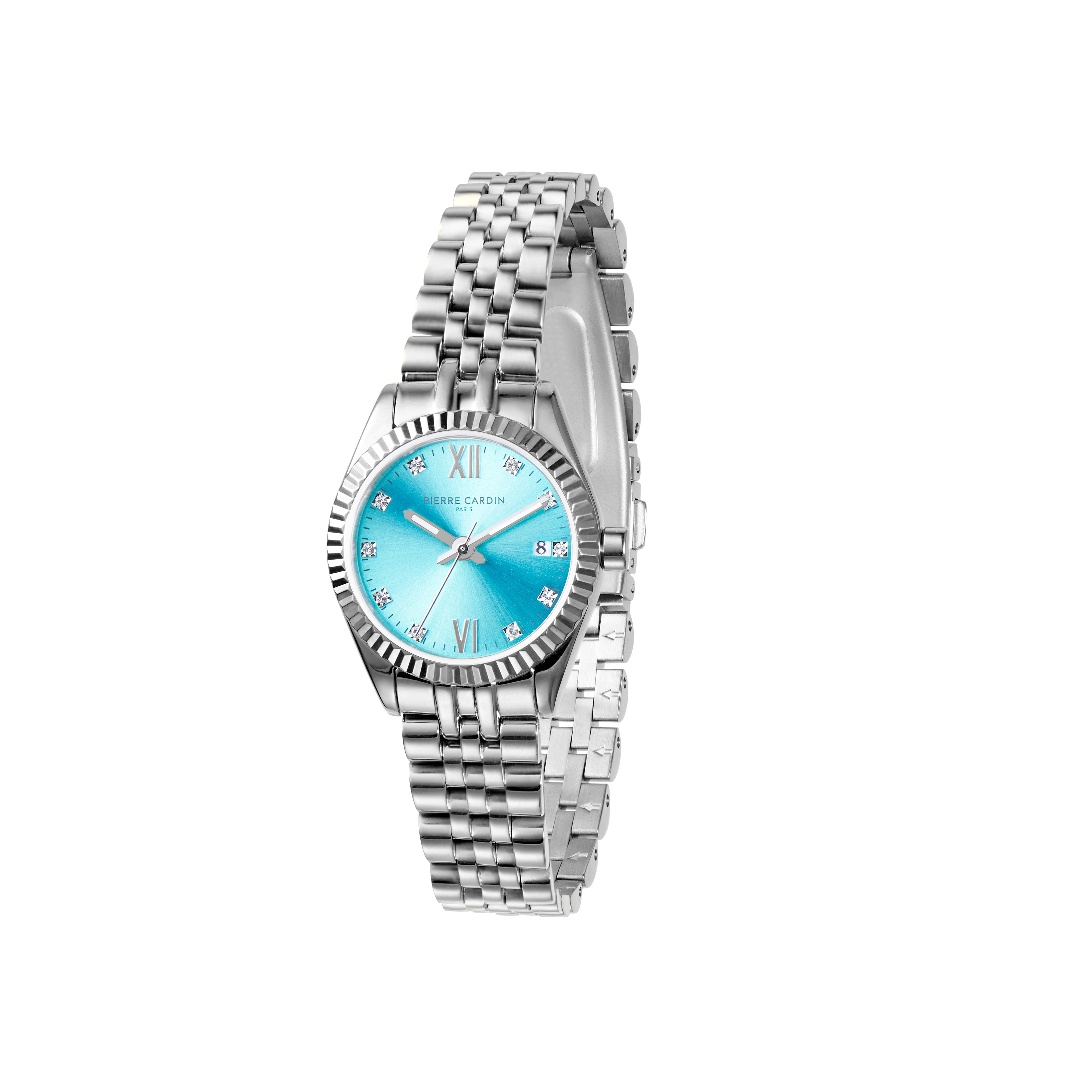 Opera Stainless Steel Date Watch with Fluted Bezel and Crystals on a T