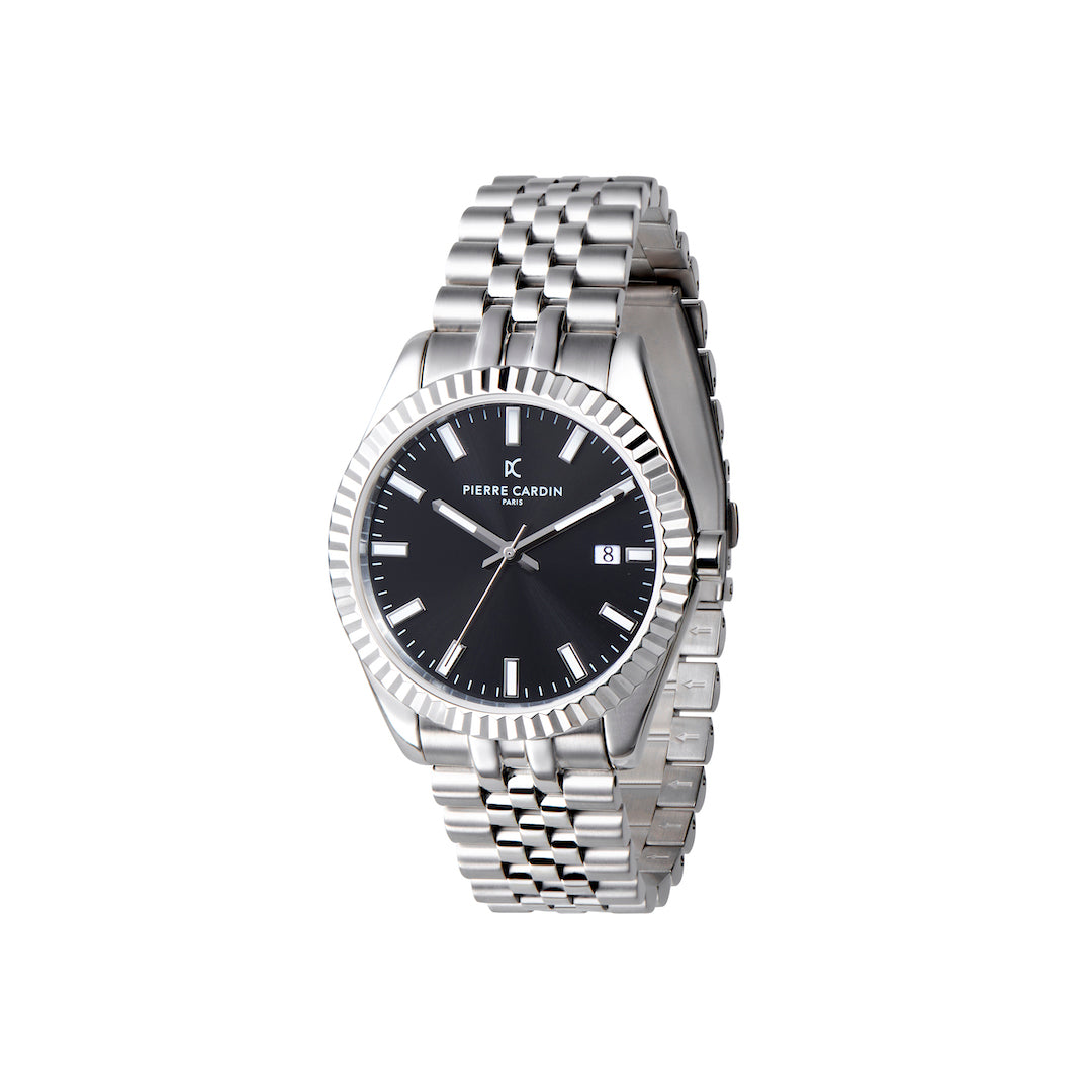 Opera House Watch Opera Stainless Steel Date Watch with Fluted Bezel and Black Dial ...