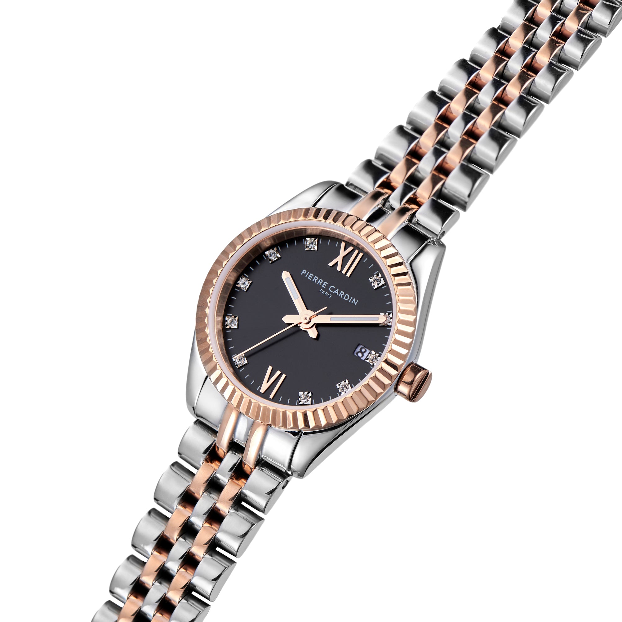 Opera Two Tone Rose Gold and Stainless Steel Date Watch with Fluted Be –  Pierre Cardin Watches