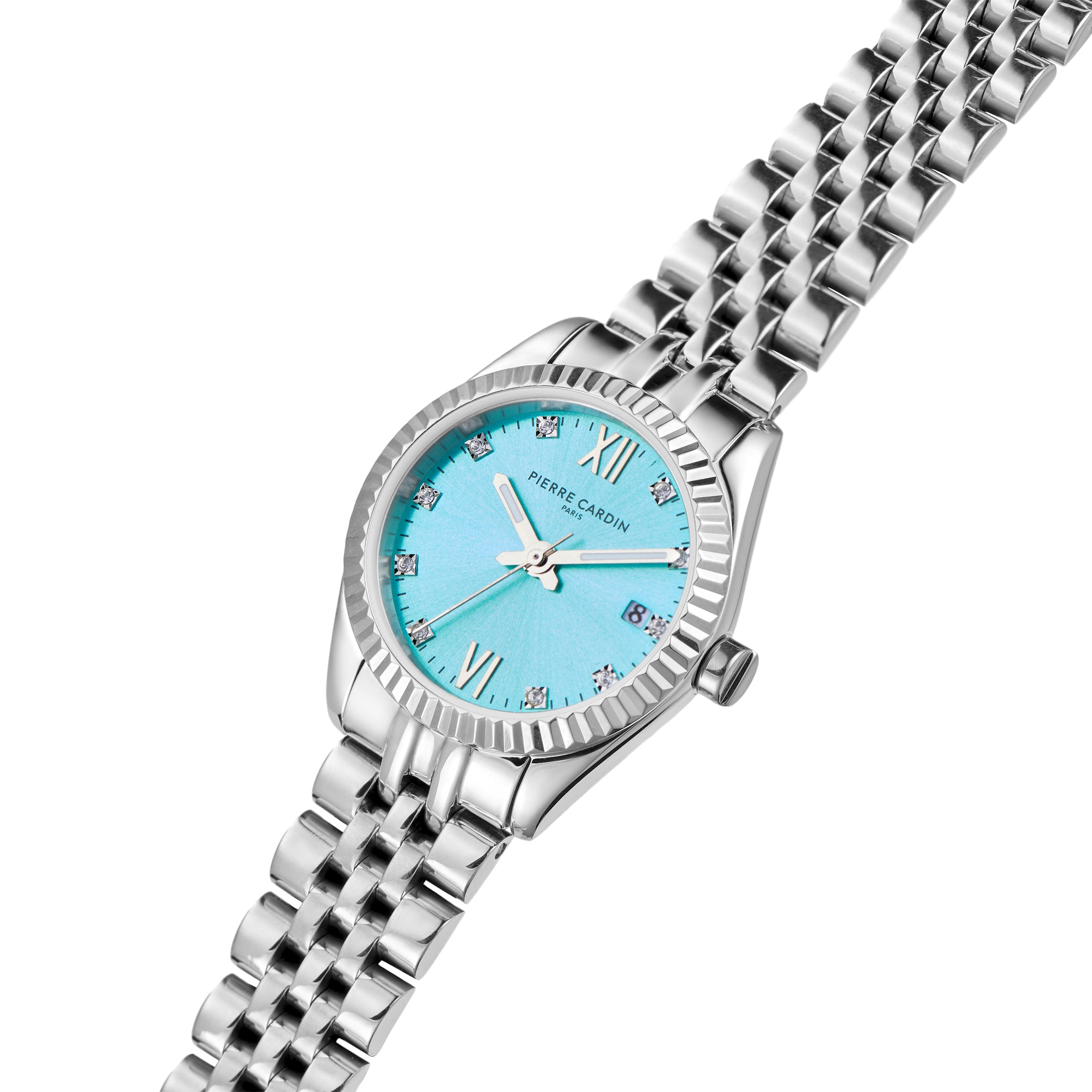 Opera Stainless Steel Date Watch with Fluted Bezel and Crystals on